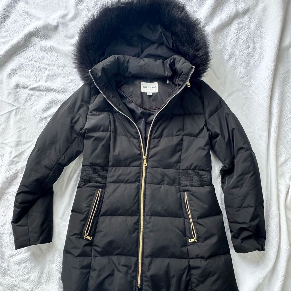 Cole Haan Women's Medium Black Puffer Coat with Faux Fur Hood